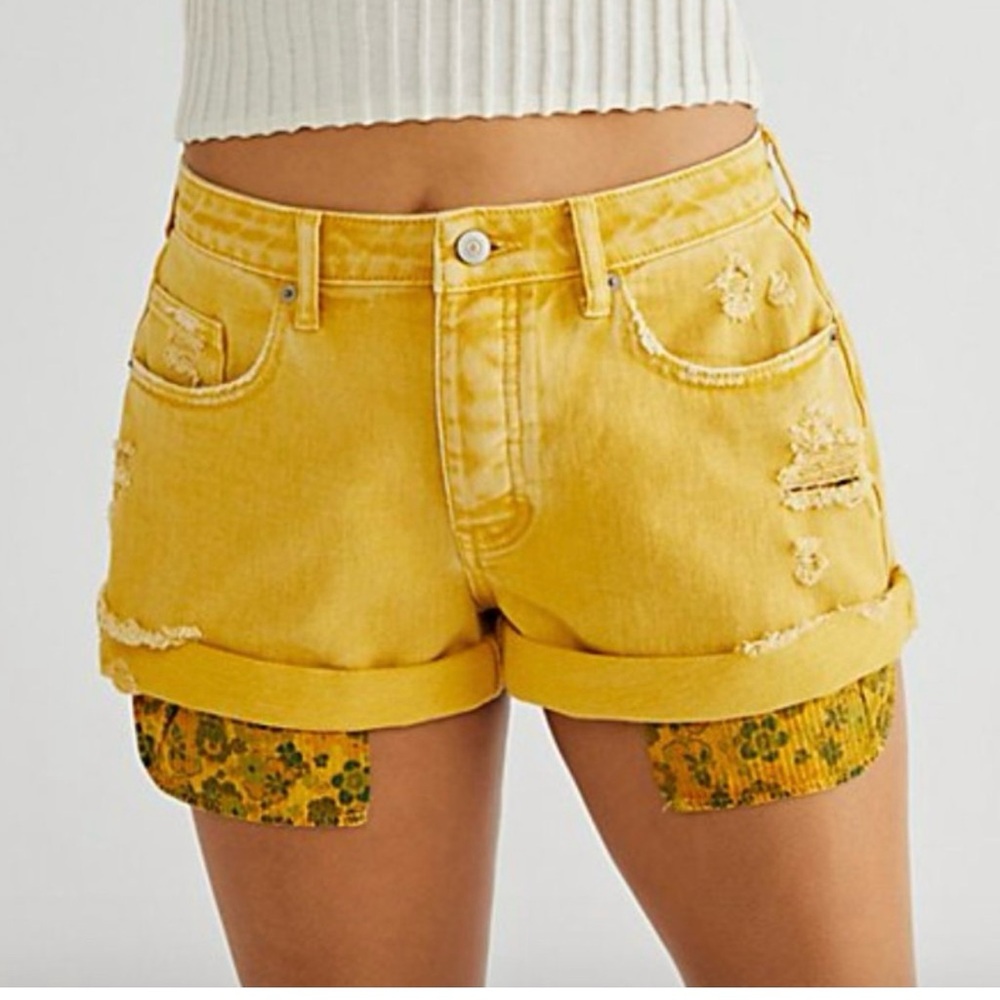 We The Free Yellow Distressed Jean Shorts with Floral Cuffs